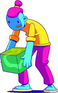 Blue faced character lifts a green block