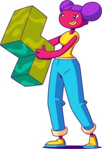 Raspberry faced character lifts a green block